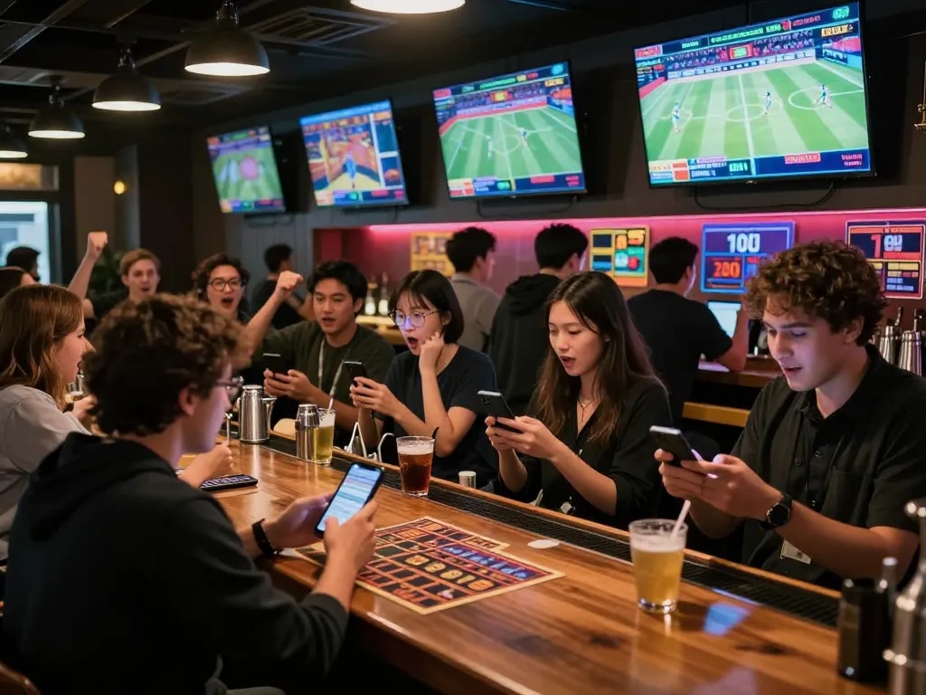 Fans placing bets on LV88's sports betting app while enjoying a vibrant bar atmosphere.