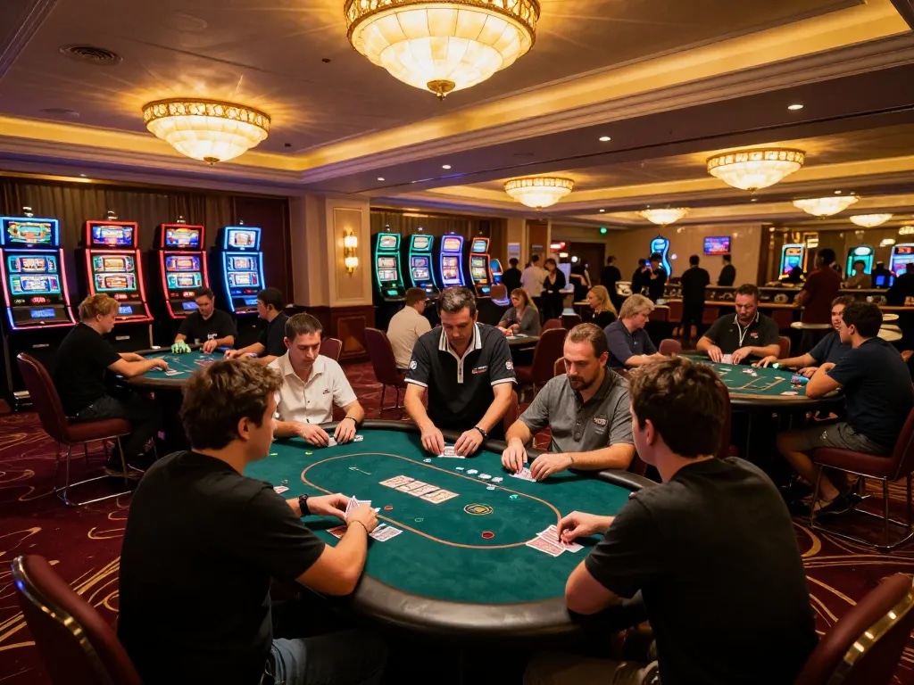 Players engaging in intense poker games at Luck8 casino, showcasing strategic gameplay and luxury atmosphere.