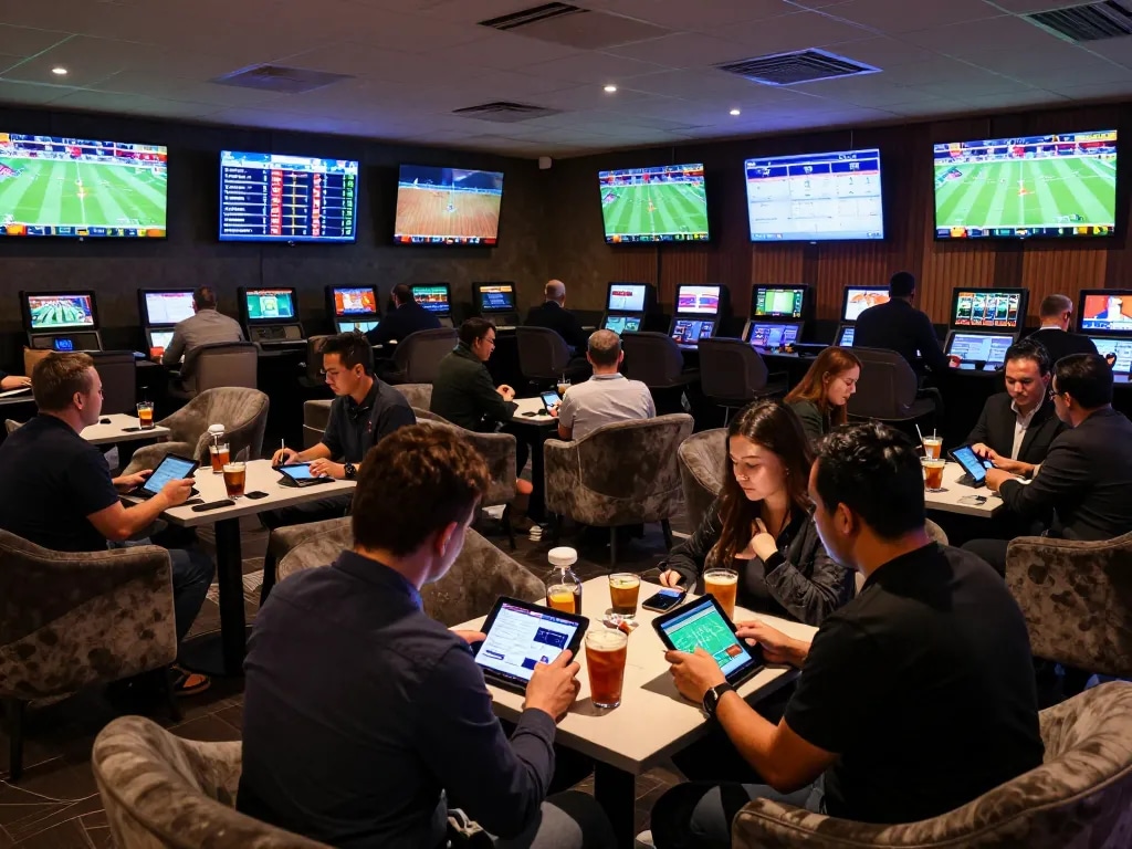 Engaged bettors strategizing their bets in the hit club sports betting lounge with multiple screens displaying live events