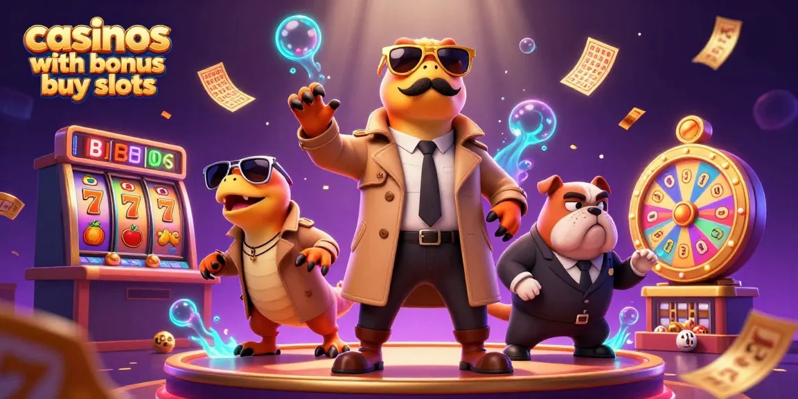 Casinos with bonus buy slots featuring raptors in a trench coat entering a VIP lounge amid vibrant casino elements.