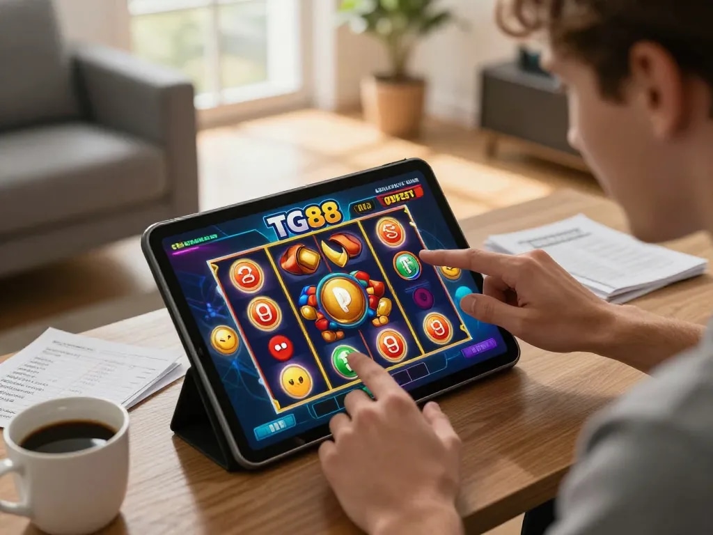 Enjoying tg88 slots gameplay on a tablet, vibrant colors and excitement of winning potential.