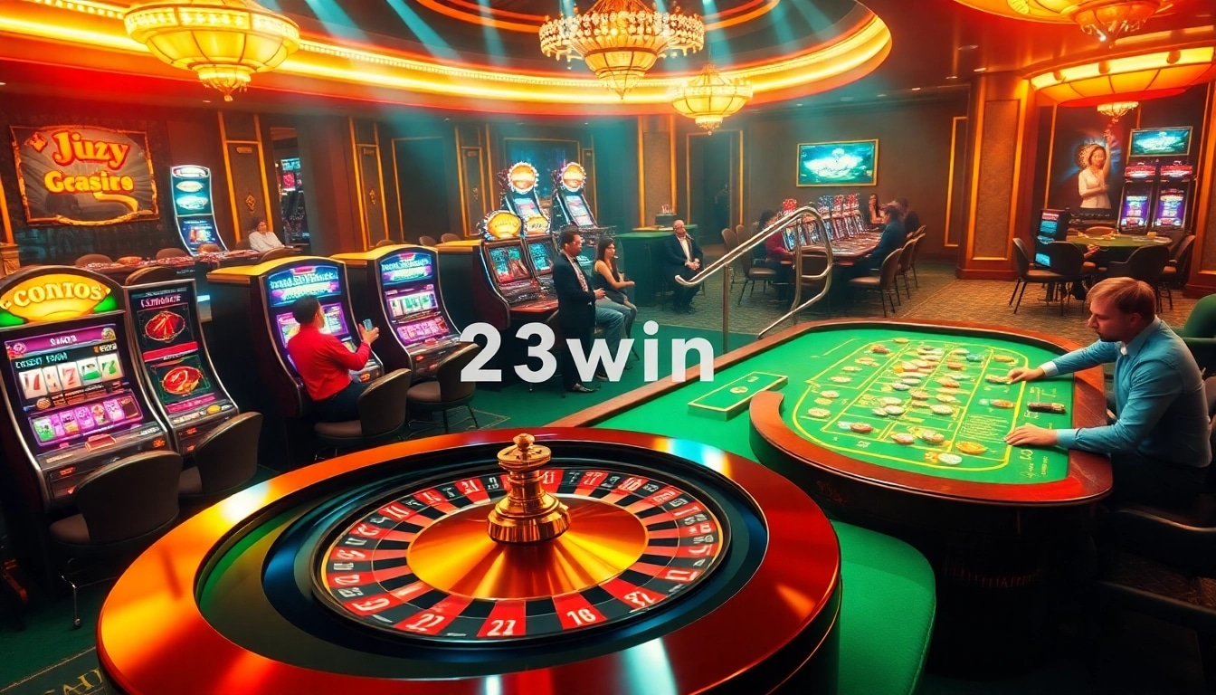 Experience exhilarating gameplay at 23win.autos, showcasing a luxurious casino environment with roulette and slot machines.