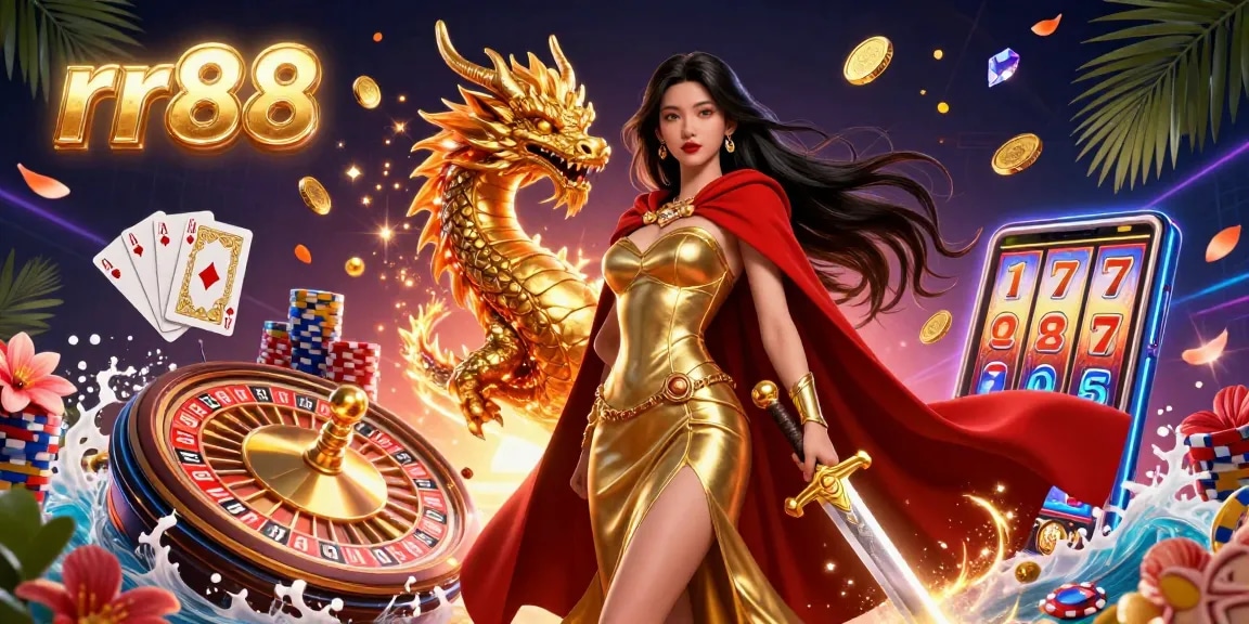 Experience thrilling gameplay at rr88 with a stunning warrior queen and golden dragon in a casino-themed illustration.