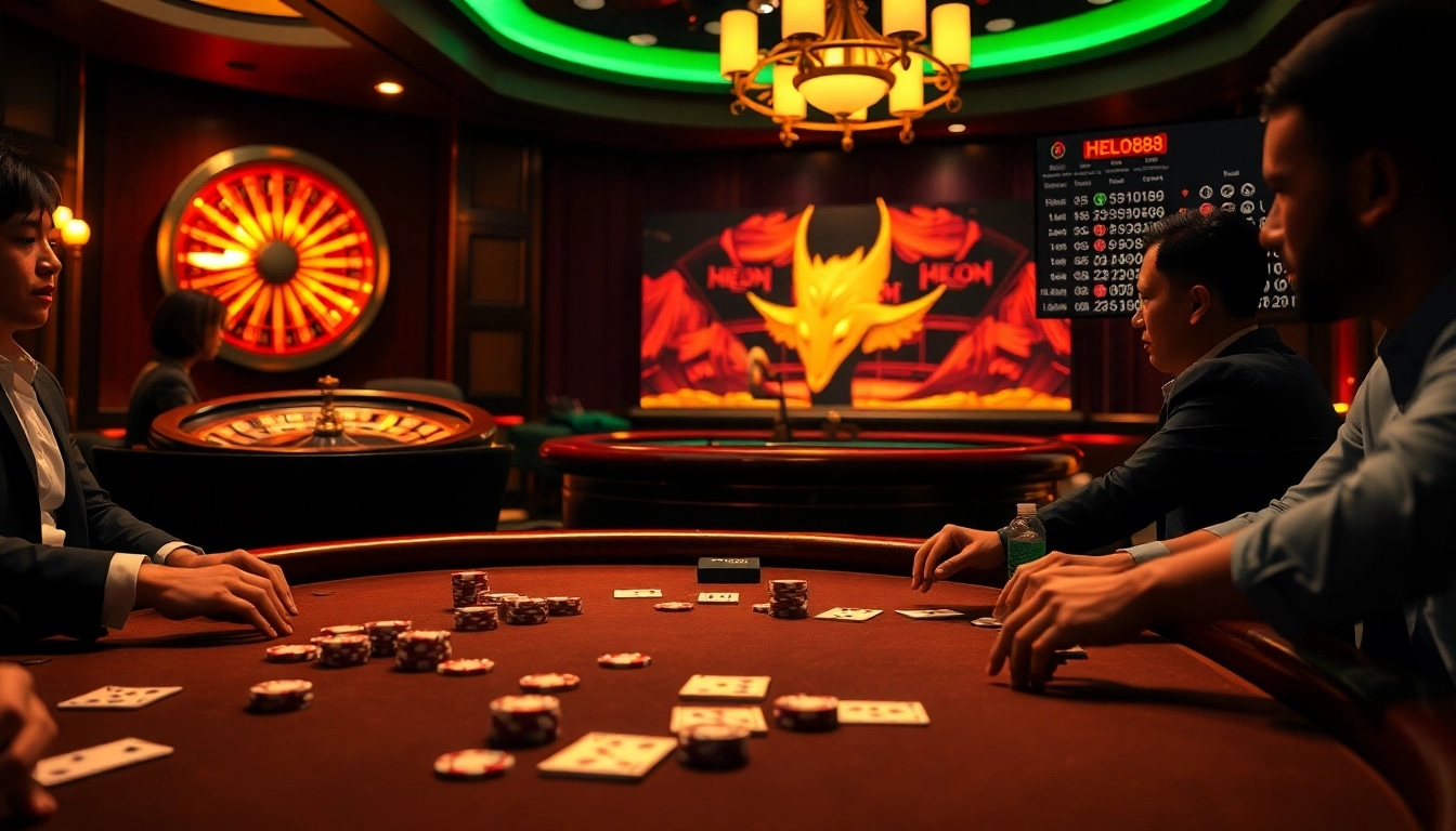 Experience the excitement of gambling at HELO88 with live poker games and vibrant casino elements.