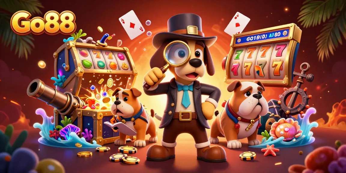 Go88 offers thrilling jackpot games featuring dynamic slot reels and golden clues in a vibrant 3D scene.