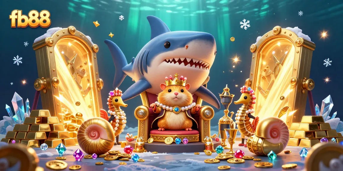 Win big at fb88 with a royal golden hamster king surrounded by treasures and sparkling gems.