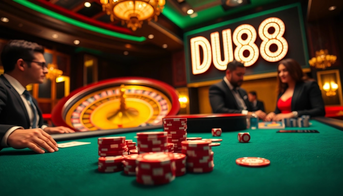 Experience the thrill of DU88 with poker chips and roulette wheels in a luxurious casino setting.