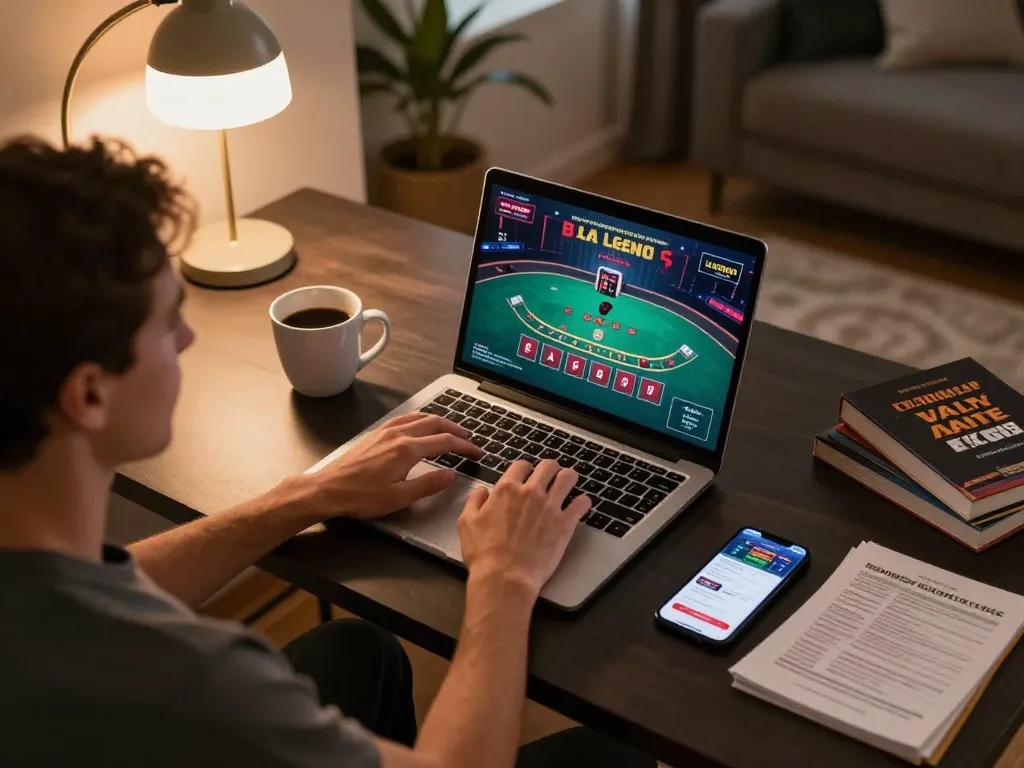 lv88seo player engaging in responsible online blackjack with laptop and smartphone.