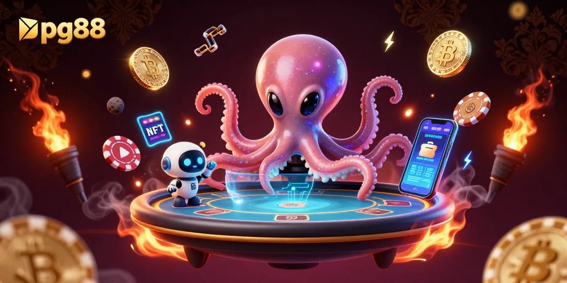 Engage in an exciting pg88 poker game with an alien octopus and holographic elements.