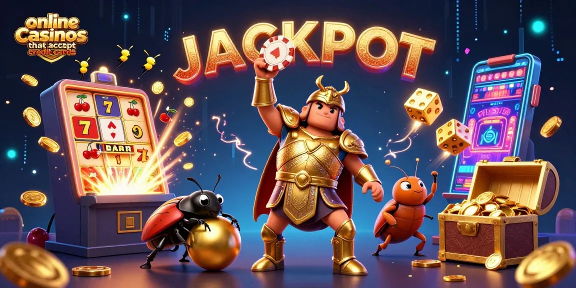 Engage with online casinos that accept credit cards featuring a hercules beetle winning jackpot with vibrant slot machine symbols.