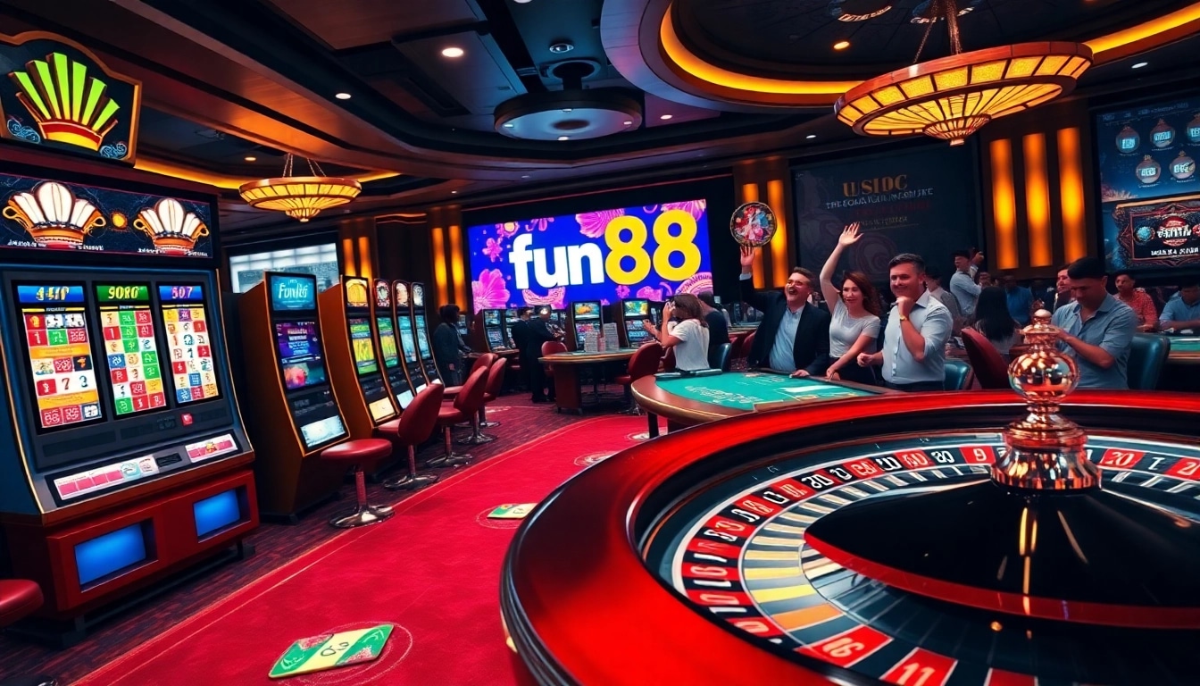 A thrilling gambling scene capturing players engaging with the หน้าแรก fun88 online casino interface, showcasing vibrant slot machines and poker tables.