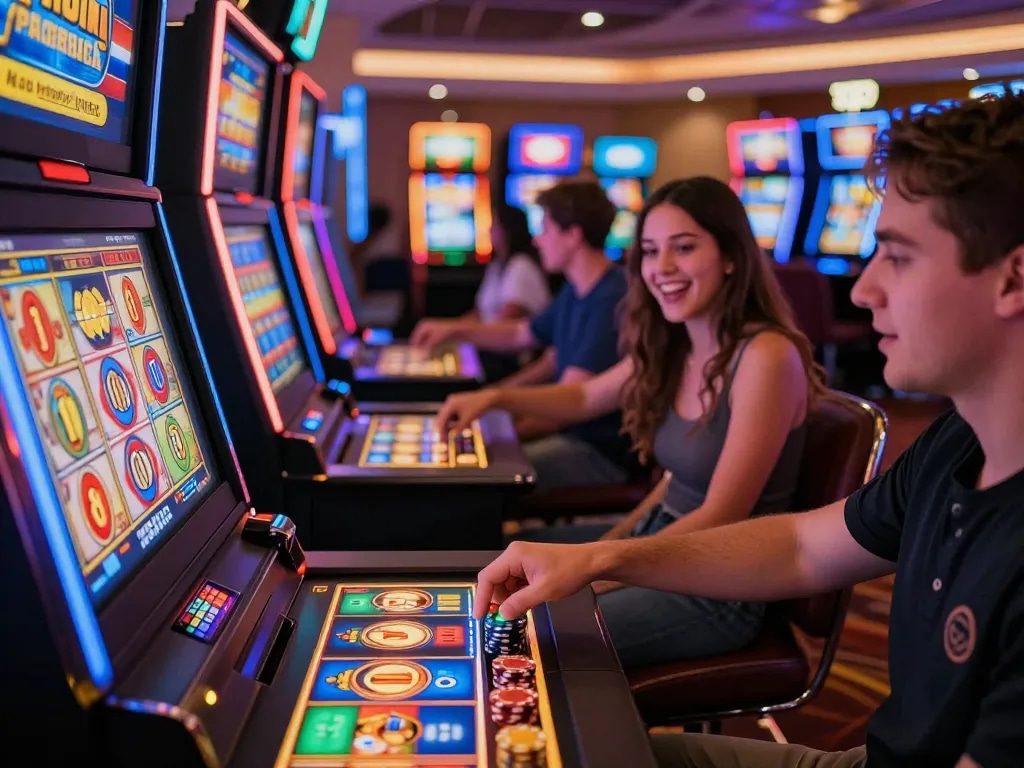 Player at f168 slot machine pressing spin button, vibrant gaming atmosphere with friends, festive casino lighting.
