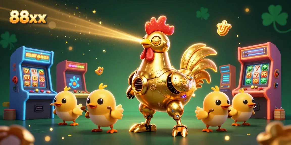Engage in thrilling gaming at 88xx with a dynamic 3D atmosphere featuring a golden rooster robot and vibrant casino elements.