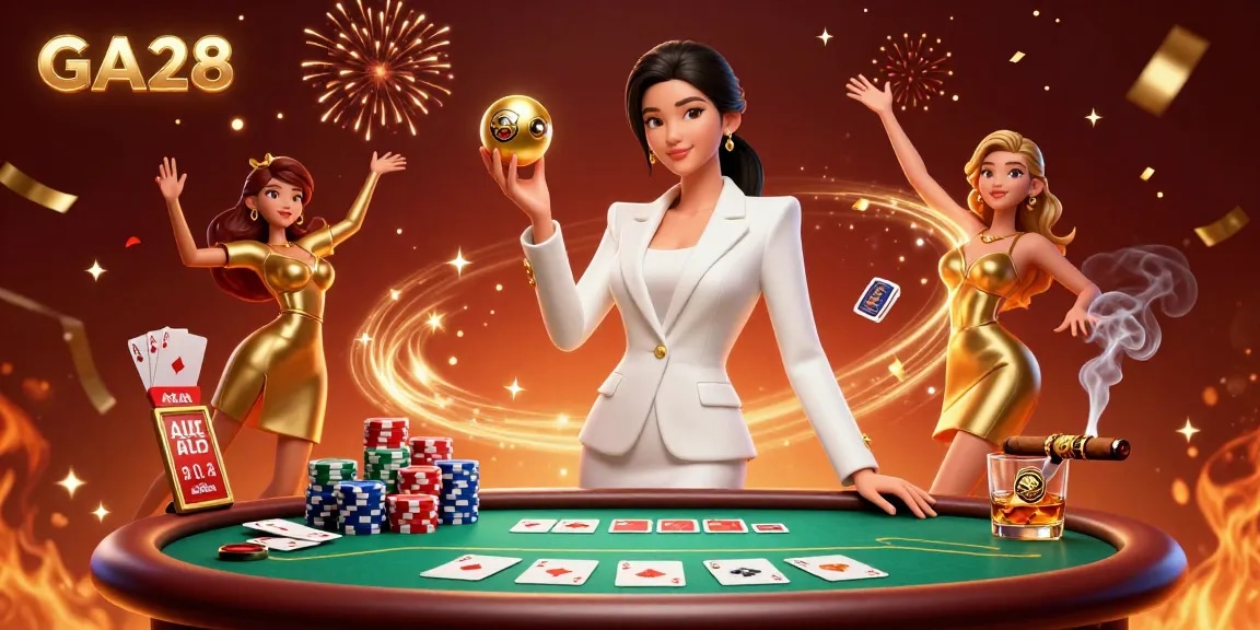 Experience GA28's vibrant casino atmosphere with a confident woman holding a golden roulette ball.