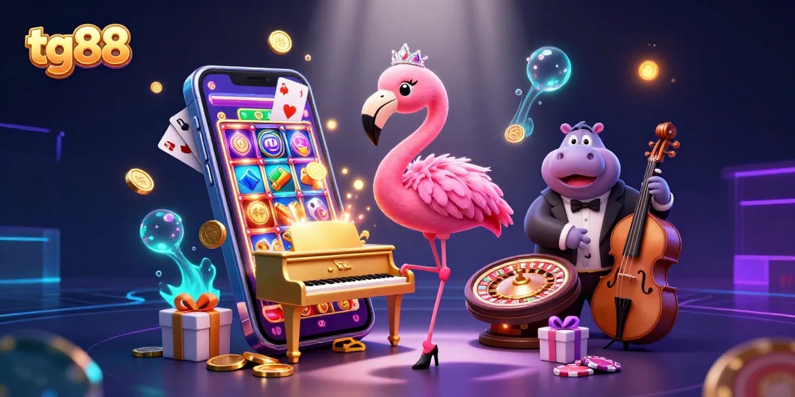 Play slots and win at tg88's vibrant 3D casino scene featuring entertainers and exciting gambling elements.