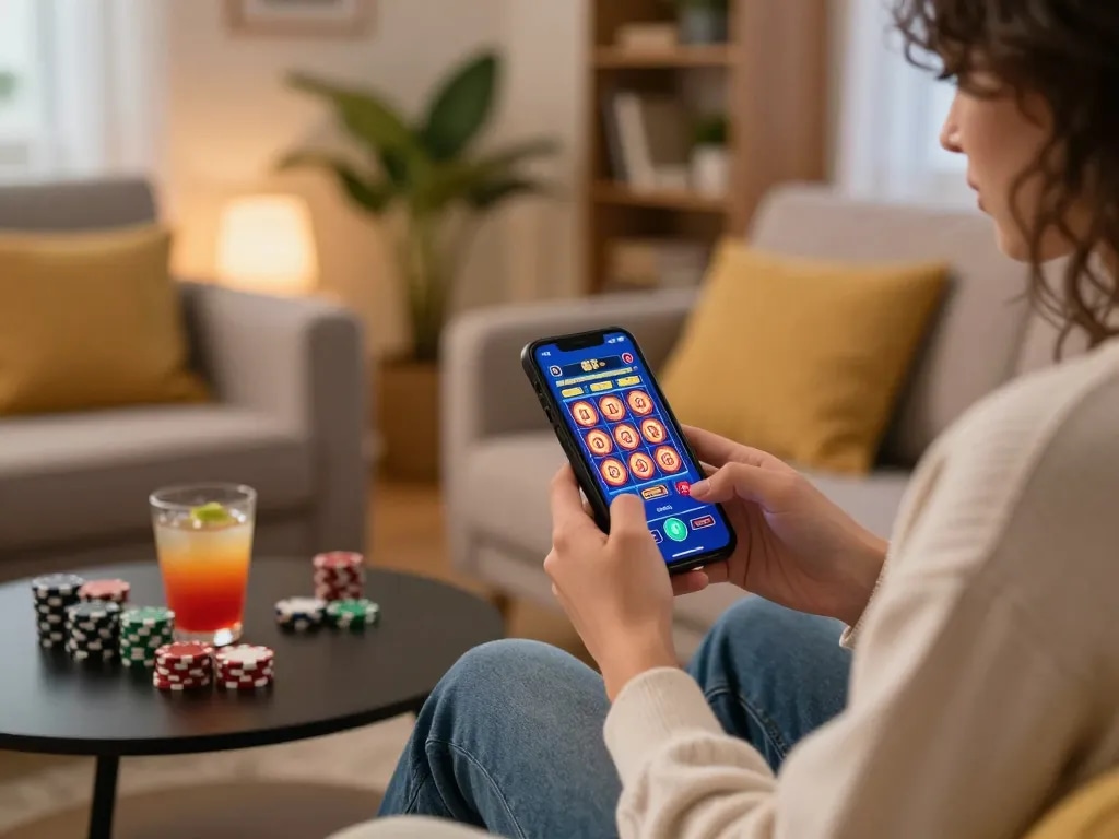 Play the latest slot terbaru on a smartphone at home, enjoying a casual gaming session.