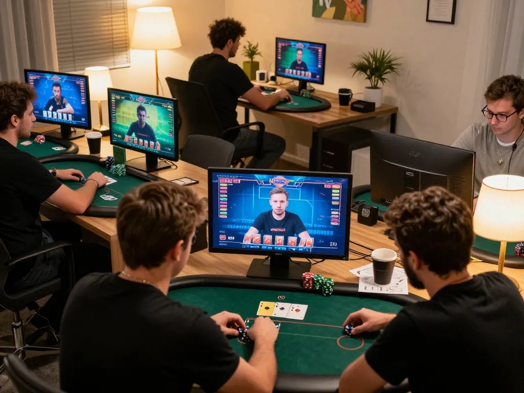 Engaging online poker gameplay at VMAX platform with players focused on screens during a thrilling tournament.