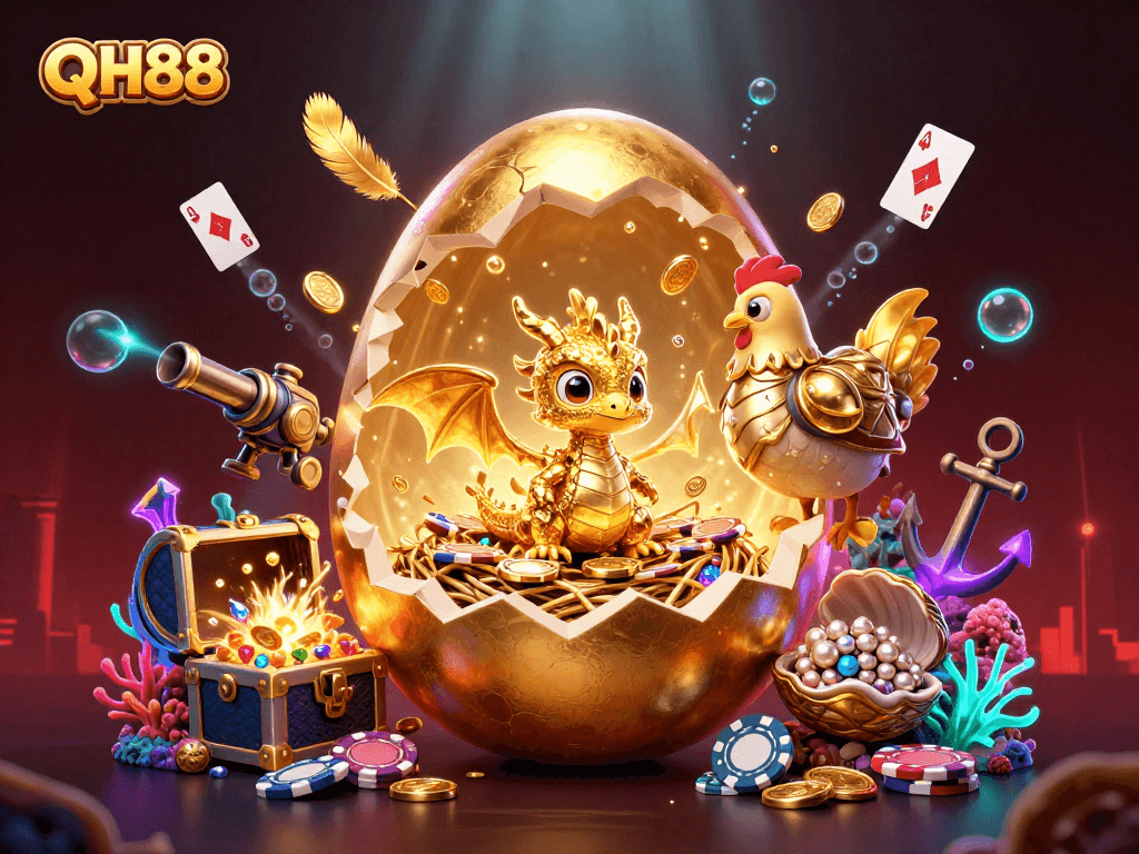 Experience winning with QH88's vibrant casino-themed 3D digital illustration showcasing gold elements and playful characters.