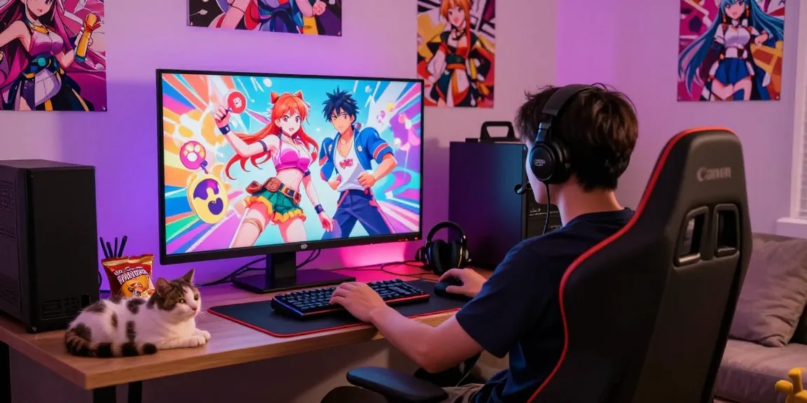 Engaged player enjoying hentai games online in a cozy setting, vibrant visuals on screen.