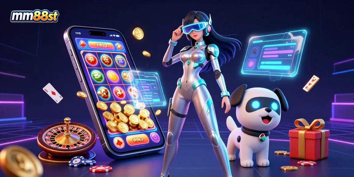 Experience thrilling gameplay at mm88st with a vibrant scene of a futuristic woman and robot dog surrounded by casino elements.