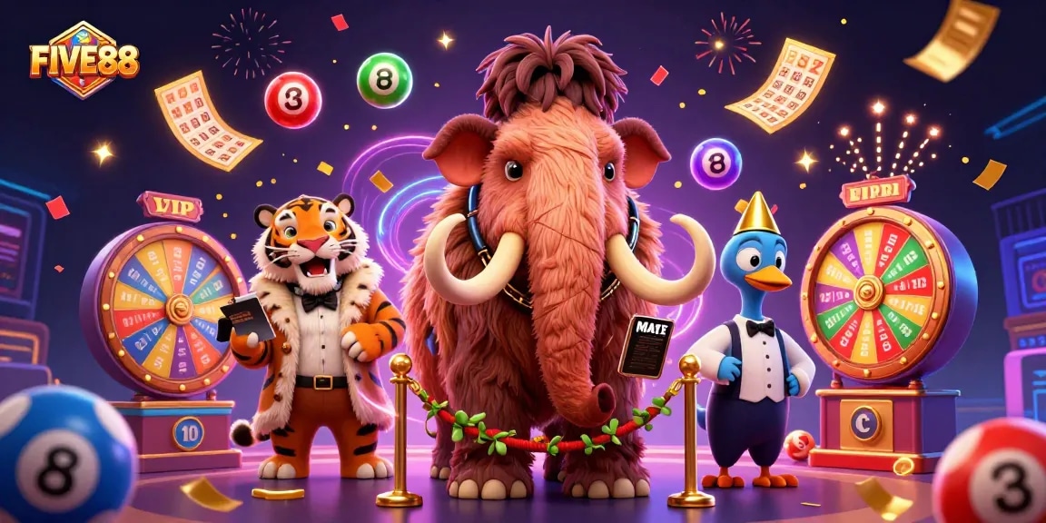 Engage with FIVE88's vibrant lottery scene featuring a mammoth bouncer and lively game elements.