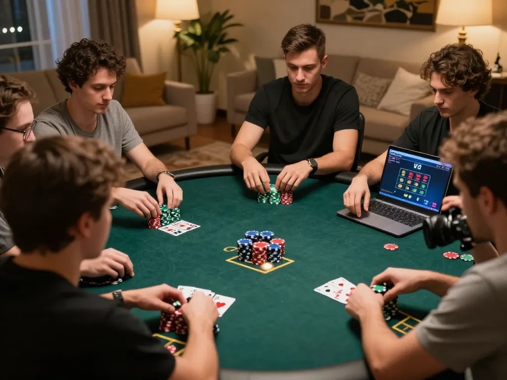 Poker players engage in an intense game at home using 789wincom.town for online casino action.