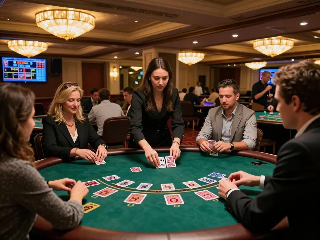 32win players enjoying an interactive live dealer blackjack game in an upscale casino environment.