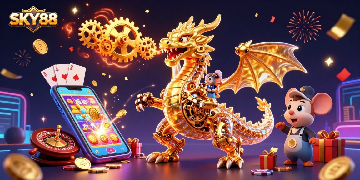 Experience the dynamic gaming journey at SKY88 with a golden dragon unleashing fortune and excitement in a vibrant casino scene.
