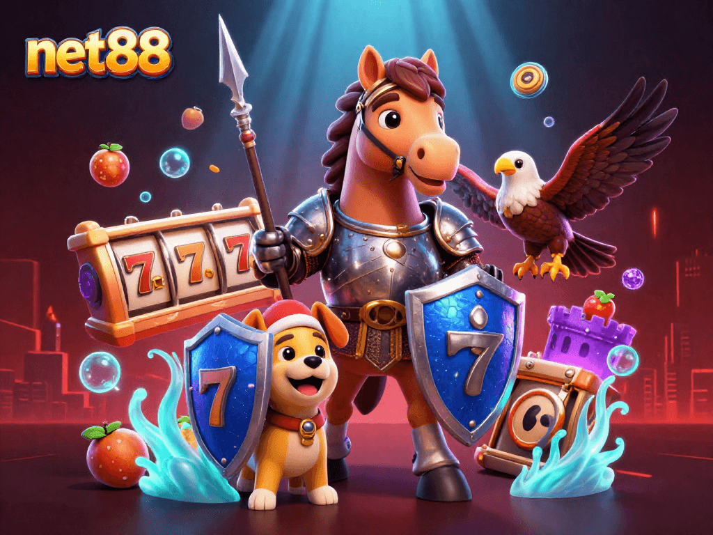 Experience net88's exciting jackpots with our immersive 3D casino scene featuring knights and fortune symbols.