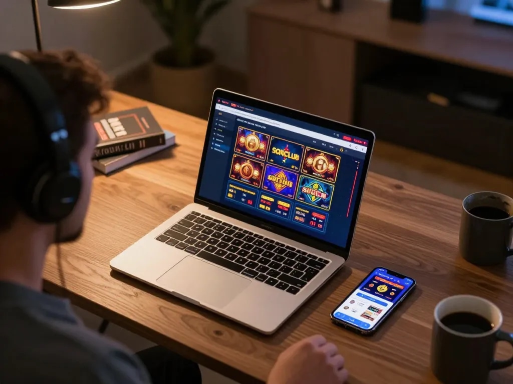 SONCLUB players engaging with exciting online slot games and betting options on a sleek laptop