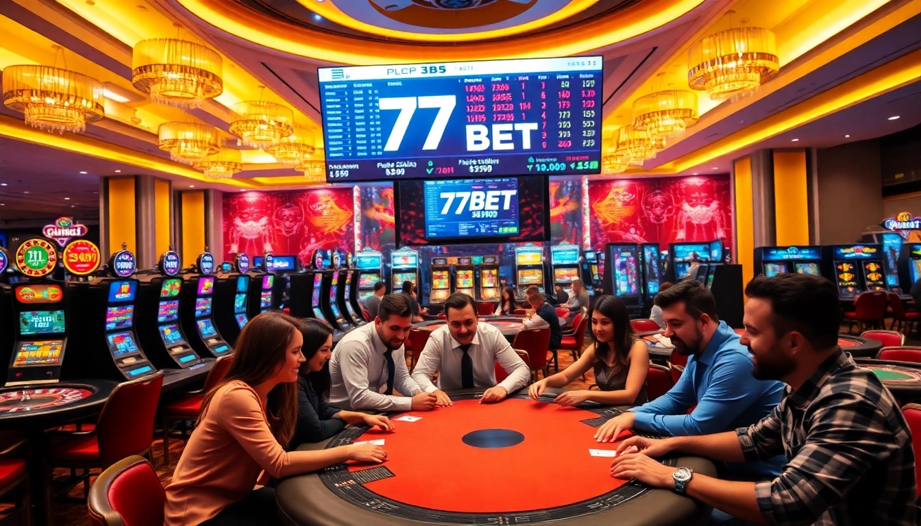 Engaged players enjoying a casino atmosphere at 77BET, showcasing excitement and luxury.
