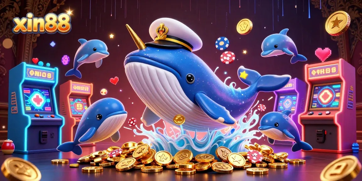 Engage in thrilling games at xin88, featuring playful dolphins and a whale amidst sparkling casino elements.