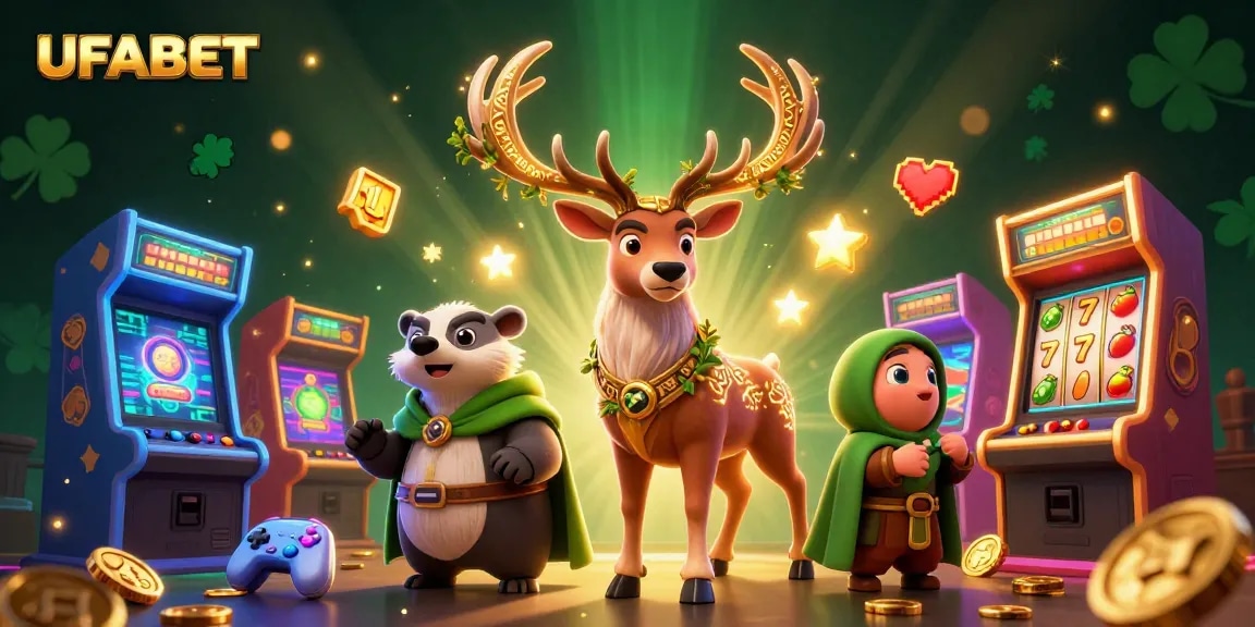Spin the reels at UFABET's vibrant casino with a magical druid and whimsical spirit lights!