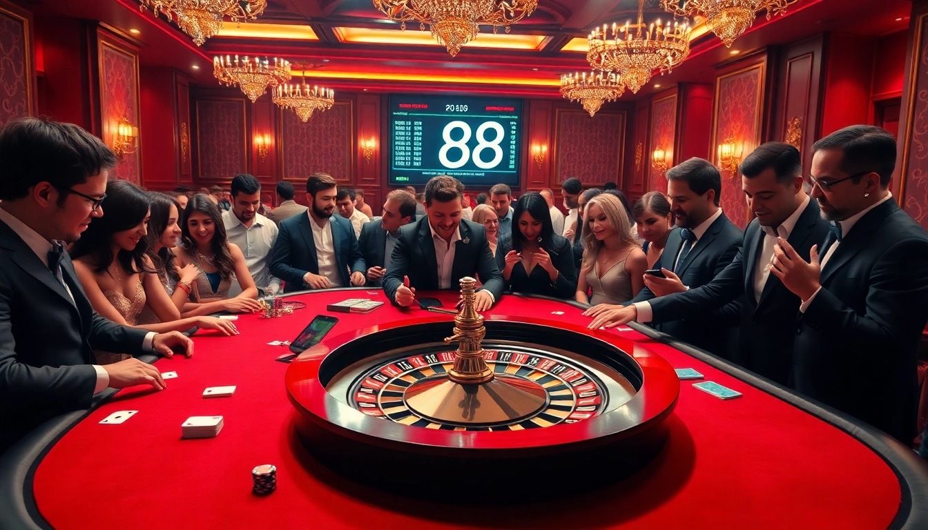 Excited players betting at pg 88's luxurious casino, featuring a roulette table and vibrant decor.