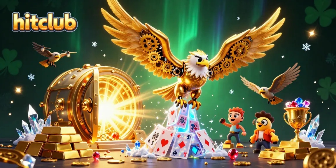 Experience winning thrills at hitclub with a 3D cybernetic eagle soaring over treasures and cards in vibrant casino art.