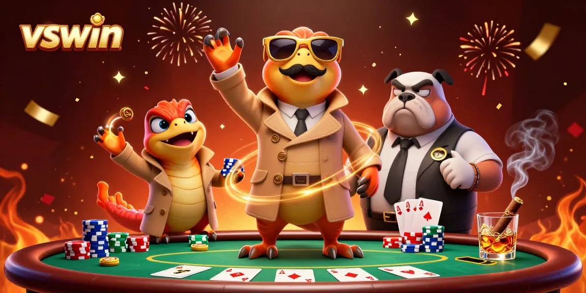 Experience the excitement of vswin with cartoon raptors in a trench coat at a lively casino.
