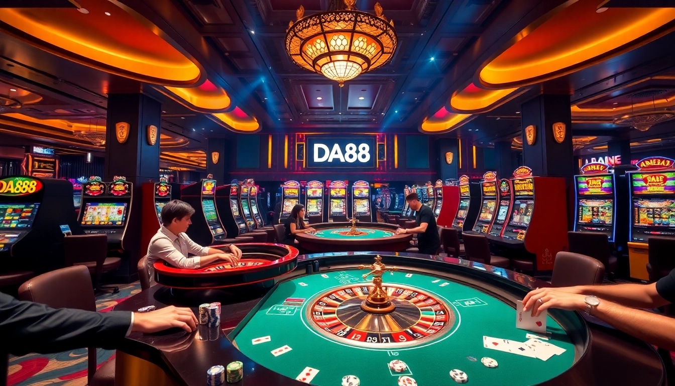 DA88 casino scene with players at a vibrant table and colorful slot machines.