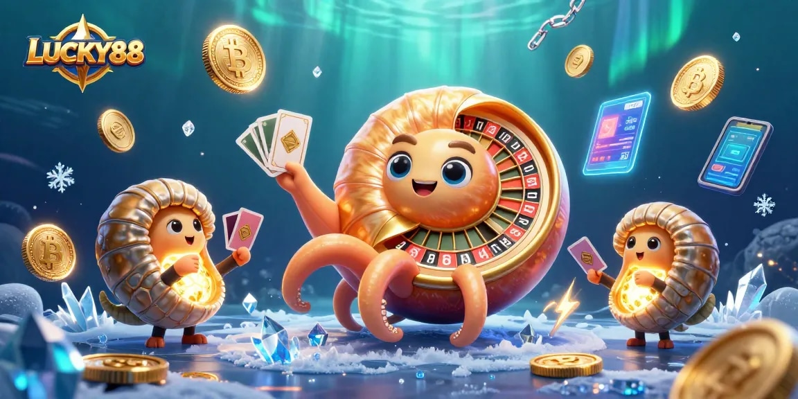 Engage with LUCKY88 through a vibrant 3D casino scene featuring a nautilus roulette and glowing coins.