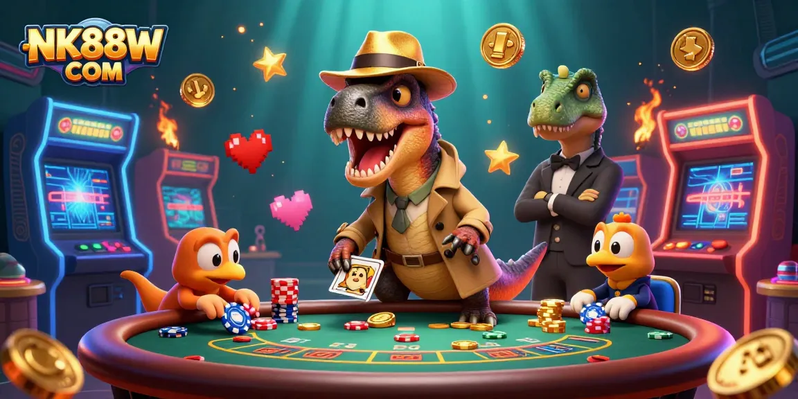 Experience thrilling gameplay with NK88W COM as cartoon dinosaurs play blackjack in a dynamic casino scene.