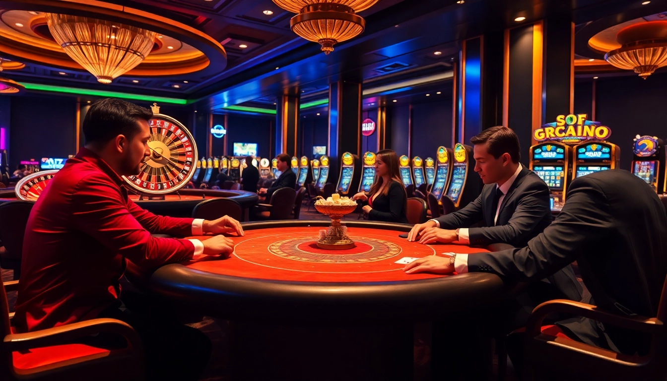Exciting game at SODO CASINO with players at a poker table, showcasing a glamorous casino atmosphere.