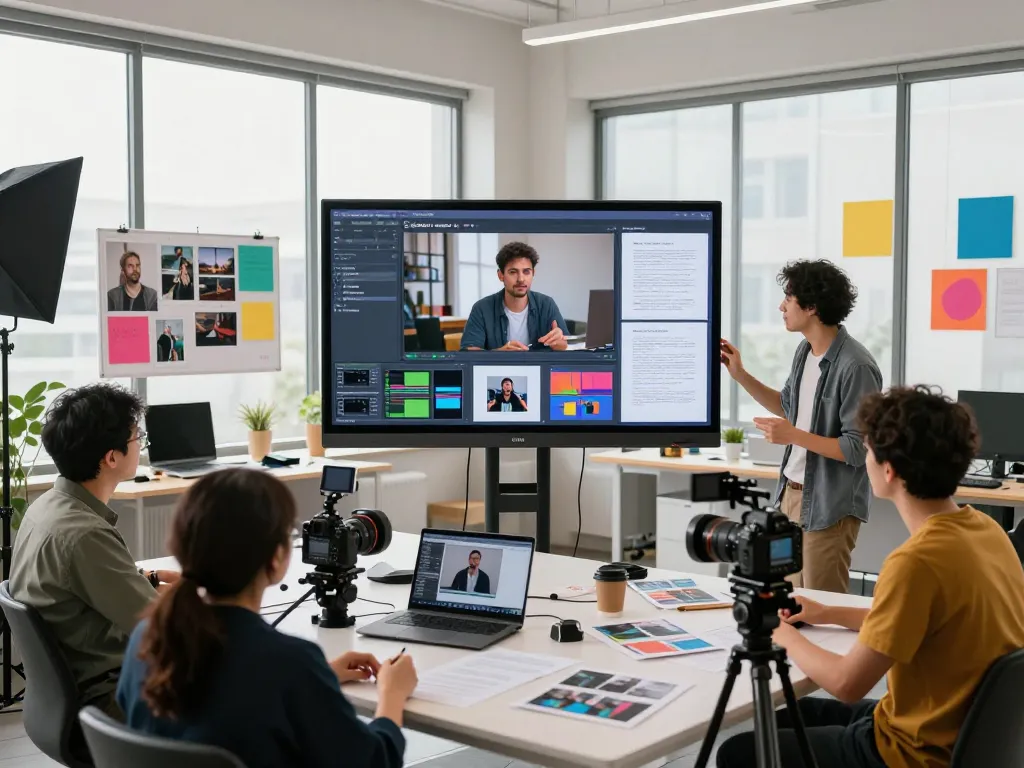 Filmmaker using seedance 2.0 ai in a vibrant creative studio setting with collaborative discussions.