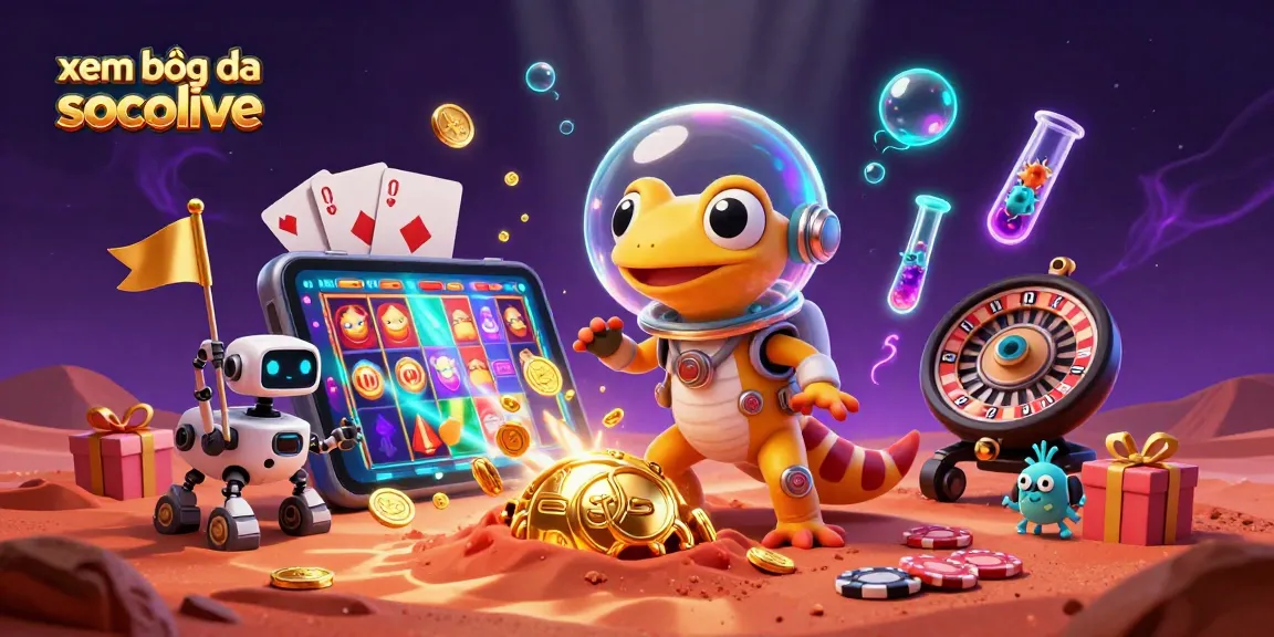 xem bóng đá socolive showcases a Martian gecko discovering a golden casino with a robot rover sidekick and dynamic gambling elements.