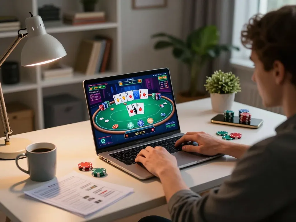 Engaging online poker gameplay at https://tip88xyz.com/ with vibrant interface and strategic elements in a cozy home setting.