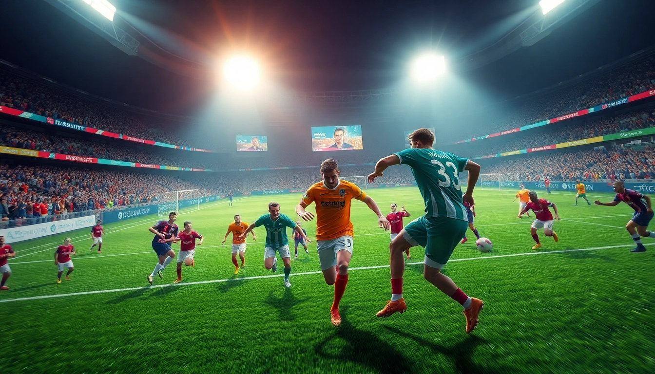 Exciting soccer match scene showcasing the energy of joemadfan.com with vibrant colors and dramatic lighting.