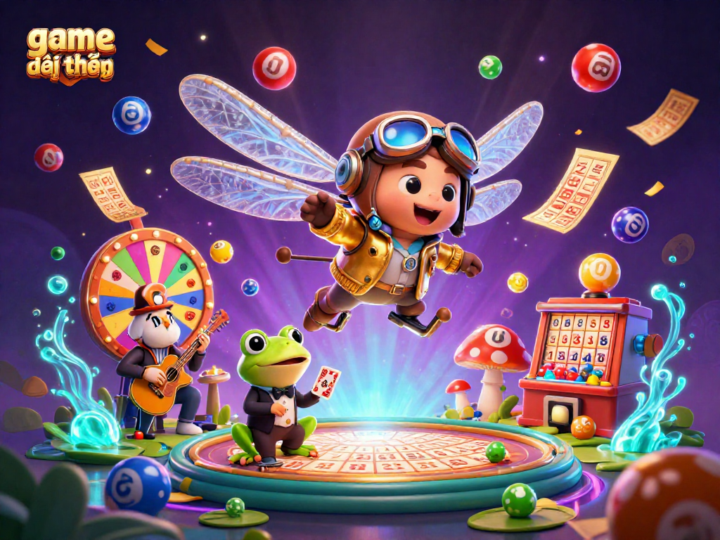 Engage in game đổi thưởng with vibrant 3D scene of a dragonfly pilot and frog croupier amidst colorful gambling elements.
