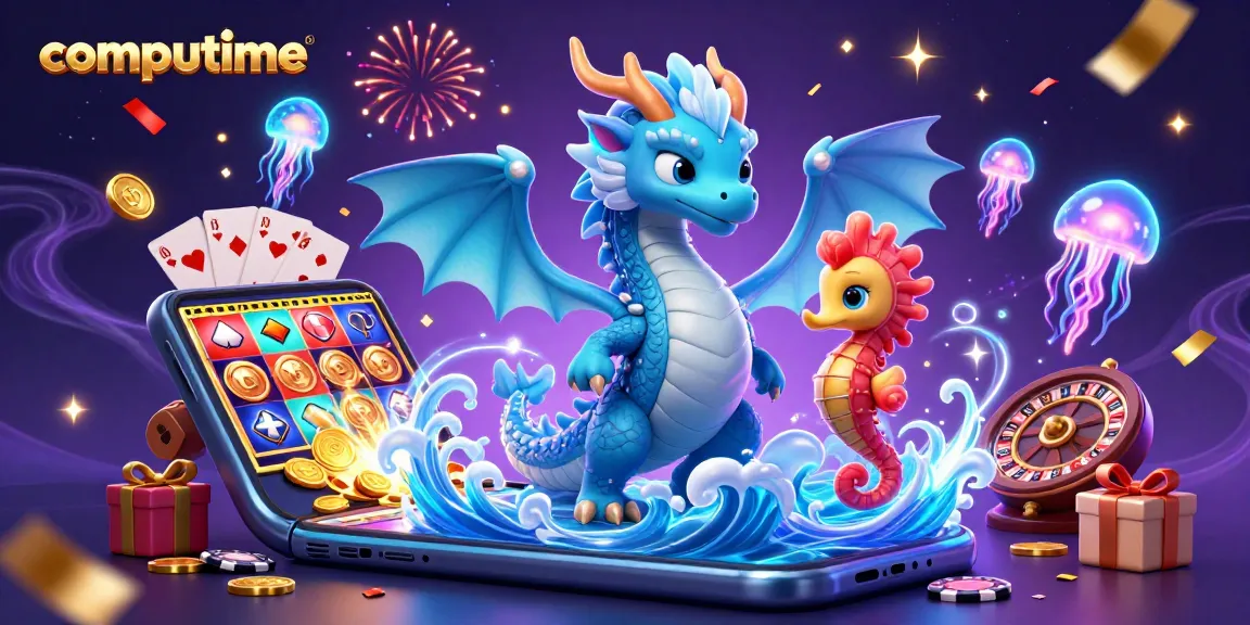 Play exciting slot games at computime with a vibrant dragon and animated characters in a magical casino scene.