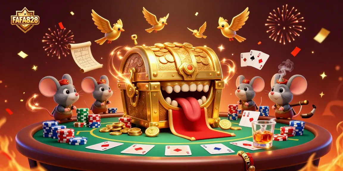 FAFA828 playful illustration showcases adventurer mice attracted to a treasure chest filled with casino riches.