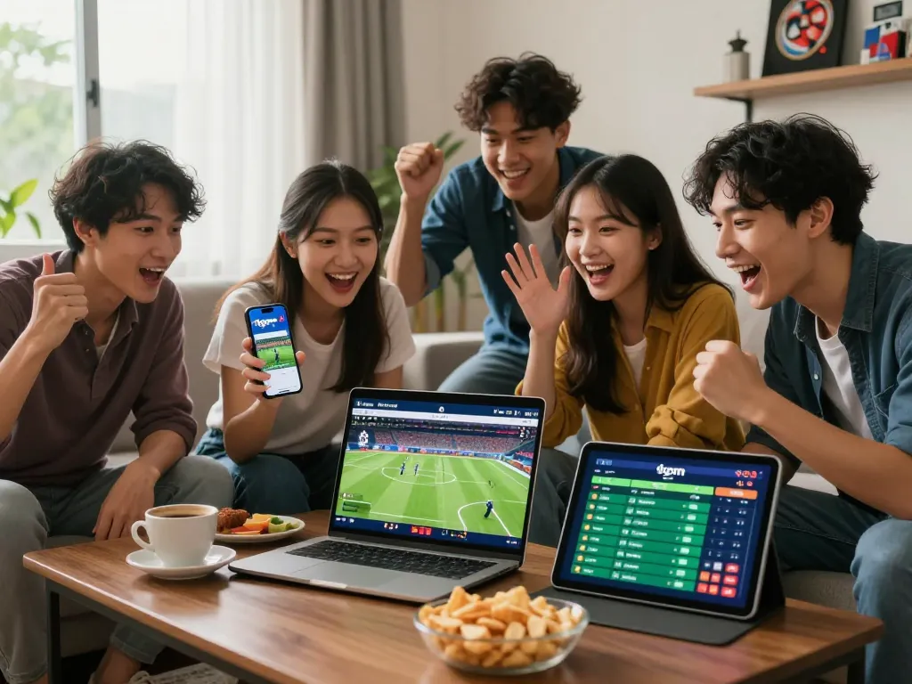 Engaged friends discussing sports while browsing vào bóng 1gom website on laptop.