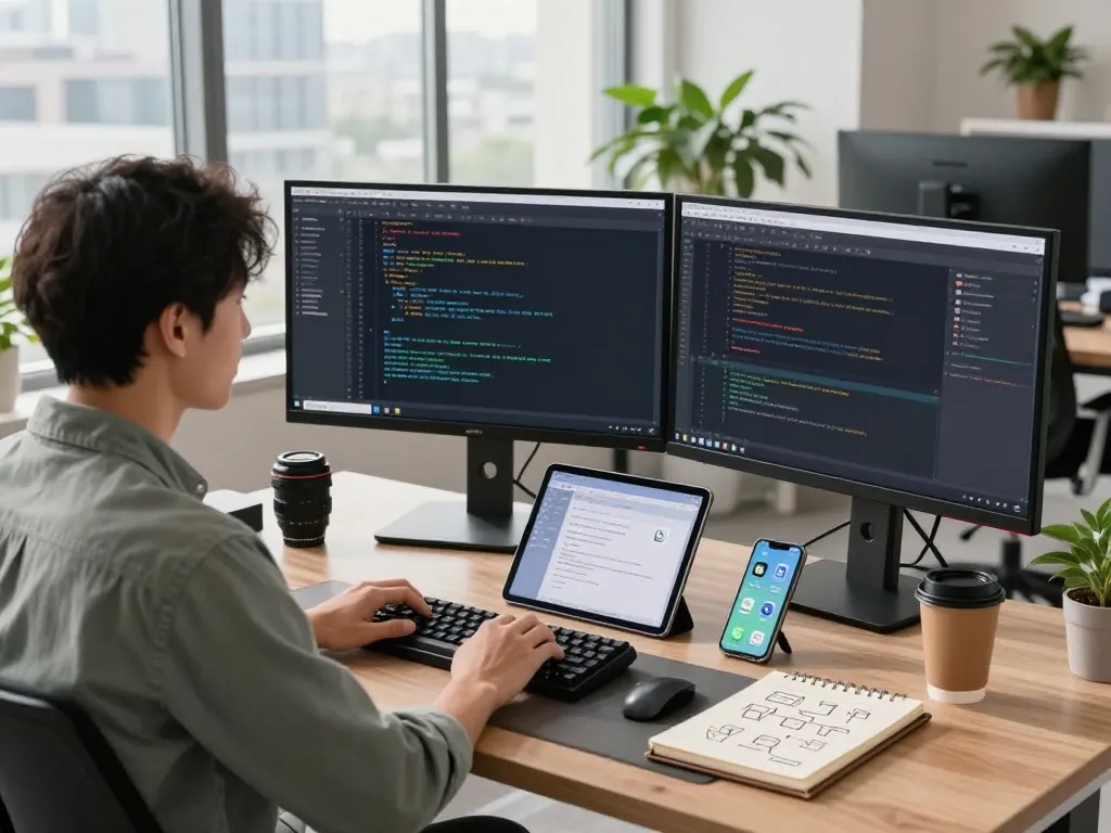 Developer using Open Claw personal AI assistant in a modern workspace.