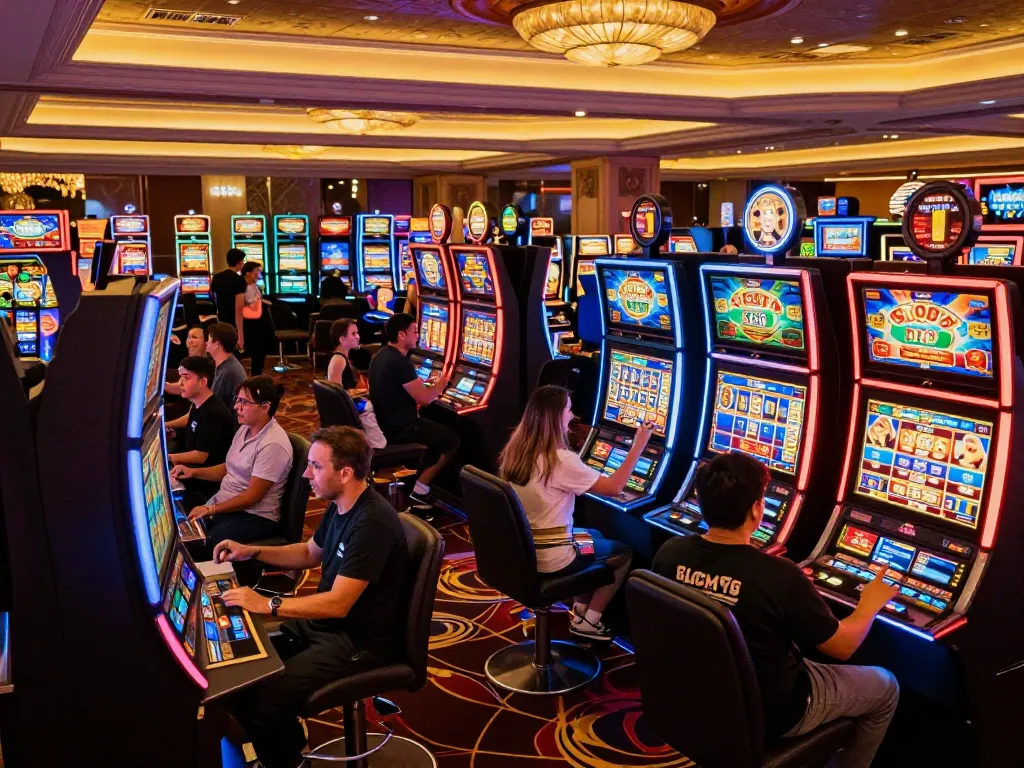 Engaging players spinning reels at Sunwingo casino's lively slot machine area.